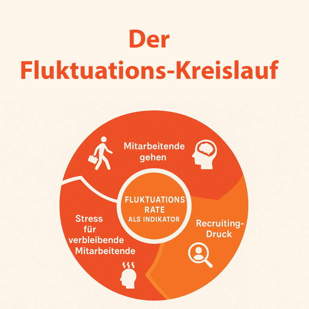 Der Teufelskreis der Fluktuation. Mitarbeiter und Mitarbeiterinnen gehen, Druck auf Recruiting wird erhöht, Mitarbeitende haben immer mehr Stress, weitere Mitarbeitende gehen.