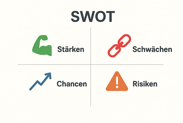 SWOT-Diagramm mit Symbolen für Stärken, Schwächen, Chancen und Risiken.