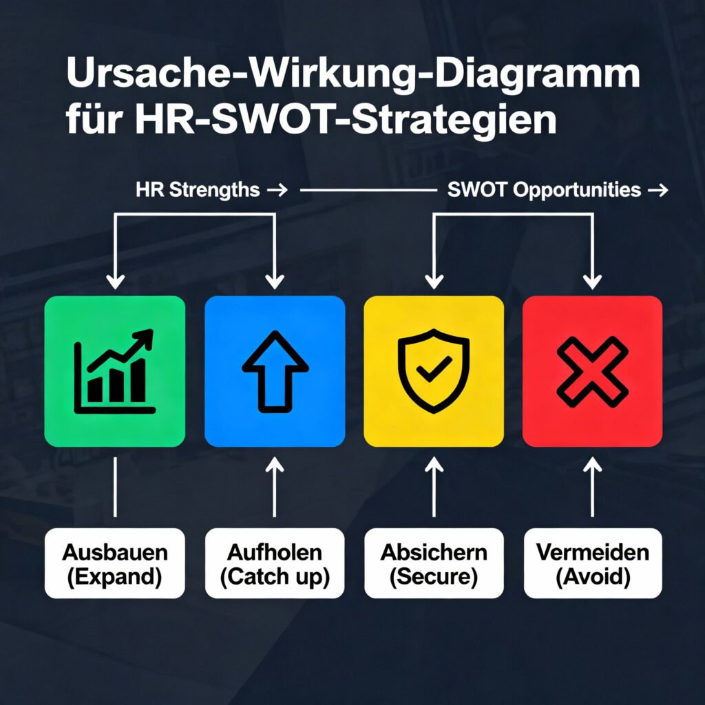 Infografik mit dem Titel „Ursache-Wirkung-Diagramm für HR-SWOT-Strategien“. Oben steht „HR Strengths → SWOT Opportunities“. Darunter vier farbige Quadrate mit Symbolen und Beschriftungen: grünes Feld mit Pfeildiagramm „Ausbauen (Expand)“, blaues Feld mit Aufwärtspfeil „Aufholen (Catch up)“, gelbes Feld mit Schild und Haken „Absichern (Secure)“, rotes Feld mit Kreuz „Vermeiden (Avoid)“. Die Grafik zeigt Zusammenhänge zwischen Stärken und Chancen im HR-Kontext.