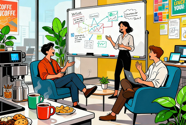 Drei Personen diskutieren vor Whiteboard mit Diagrammen im modernen Büro.