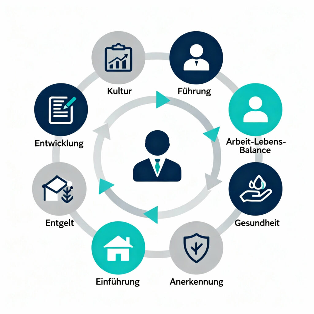 Noch einmal die verschiedenen Maßnahmen und Strategien zur Mitarbeiterbindung ein einem Kreislauf dargestellt.